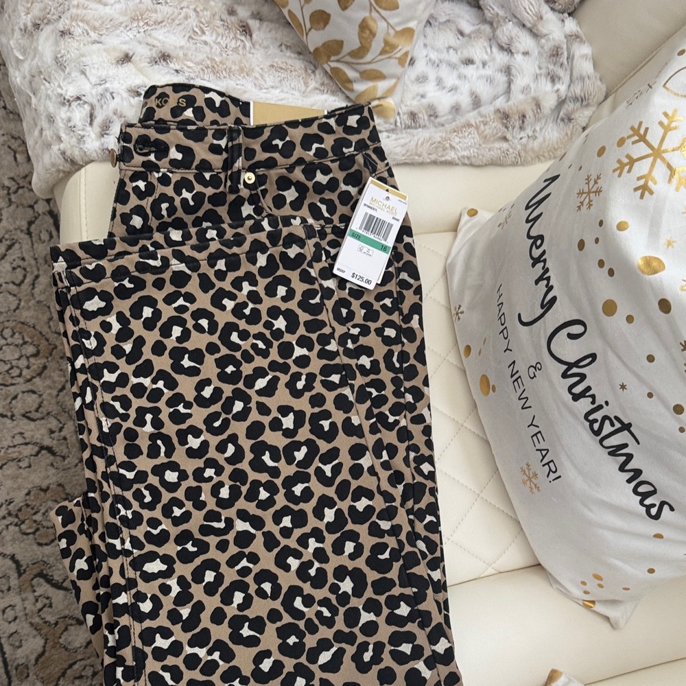 Michael Kors Leopard Print Straight Leg Jeans - Black and Tan